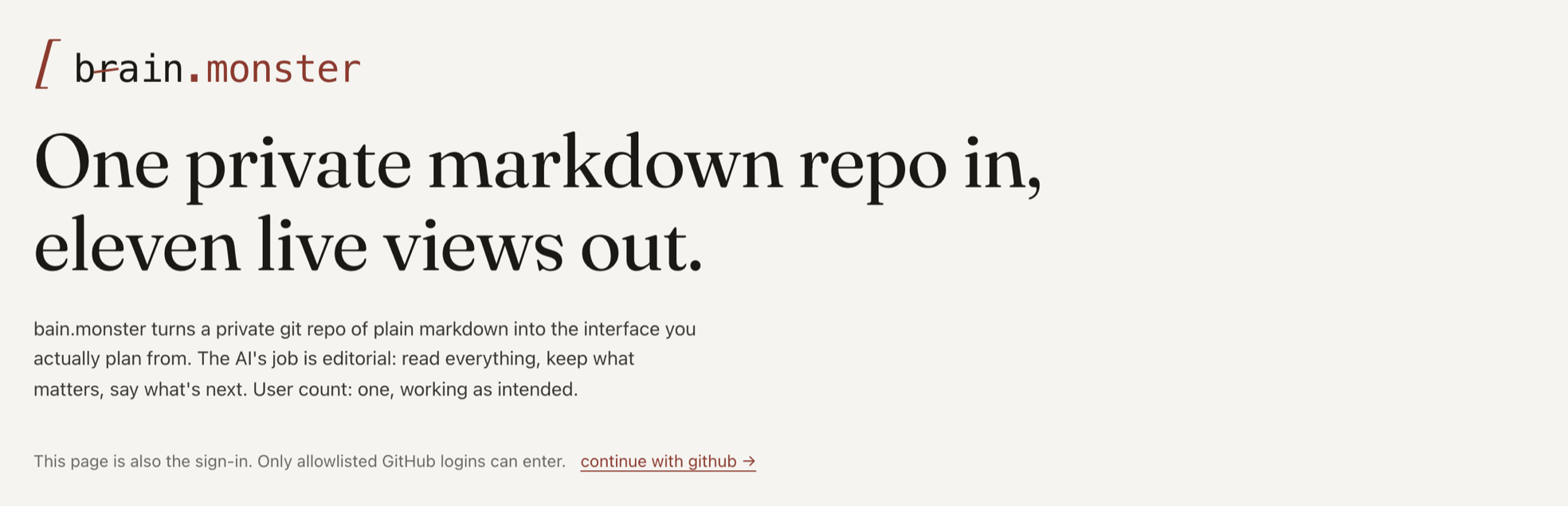 The top of the public sign-in page at bain.monster: the wordmark with the r struck out in red, the headline One private markdown repo in, eleven live views out, and the line saying this page is also the sign-in.