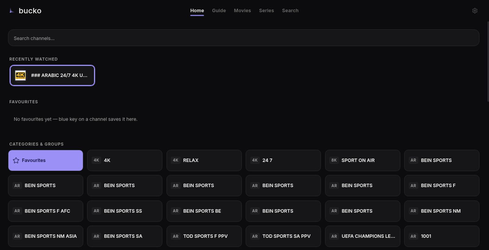 The Bucko web home: recently watched and favourites rows above the categories and groups wall of one account.
