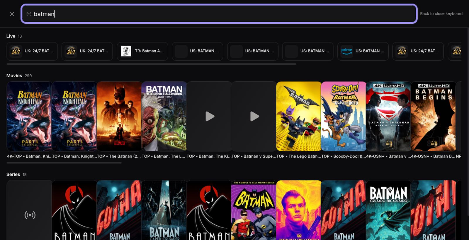 One search for batman across everything: a live channels row, a movies row, and a series row in one results screen.